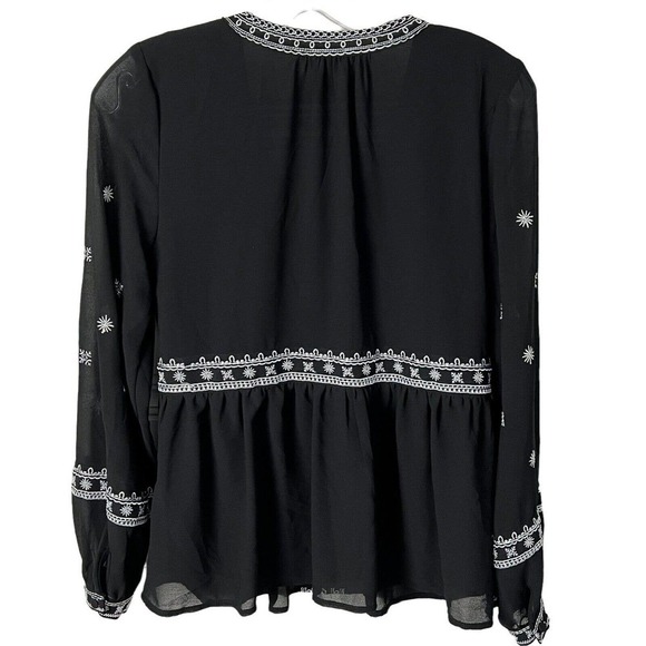 Aqua - Boho Black White Embroidered Long Sheer Sleeve Peasant Top Blouse Small - Picture 6 of 6